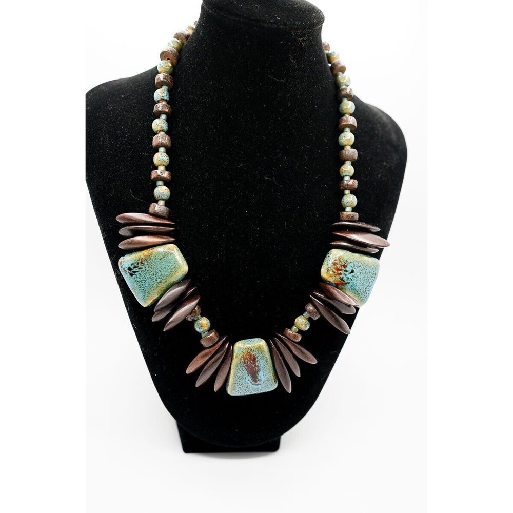 Artisan Ceramic wood beaded chunky statement necklace blue brown 19"